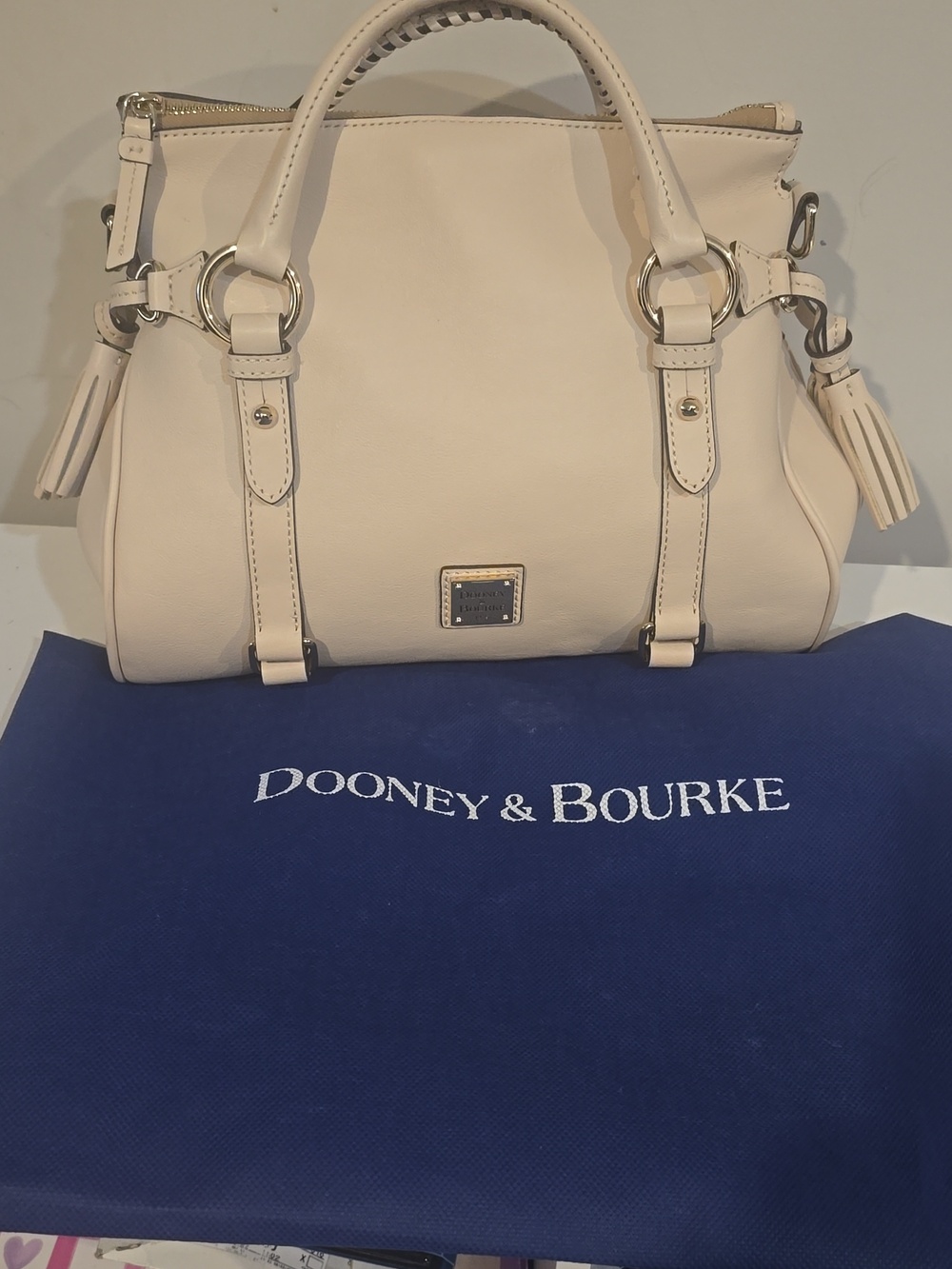 Dooney & Bourke Cream Leather Satchel with Tassel - Picture 13 of 16